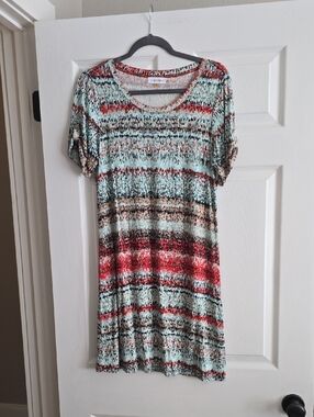 Calvin Klein Mint, Red and Brown Striped Short-Sleeve Mini Dress